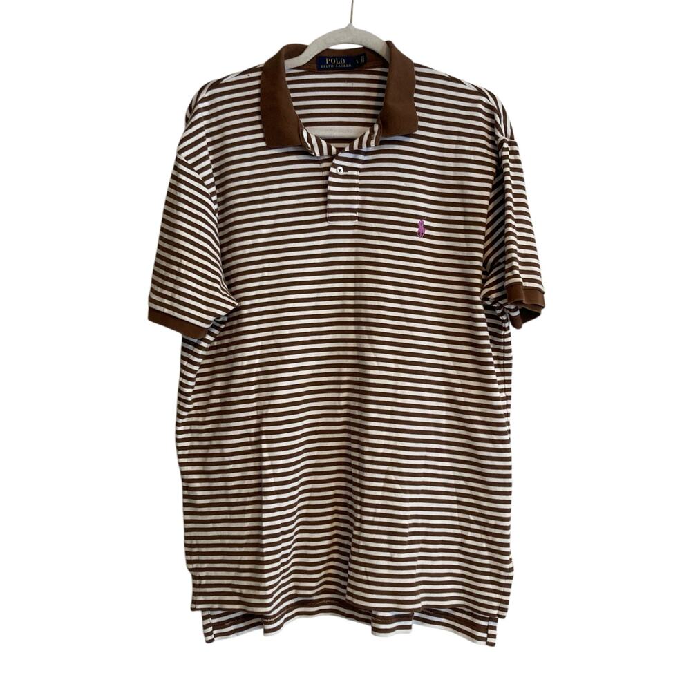 Ralph Lauren Brown White Stripe Soft Cotton Golf Preppy Polo Shirt Size Large